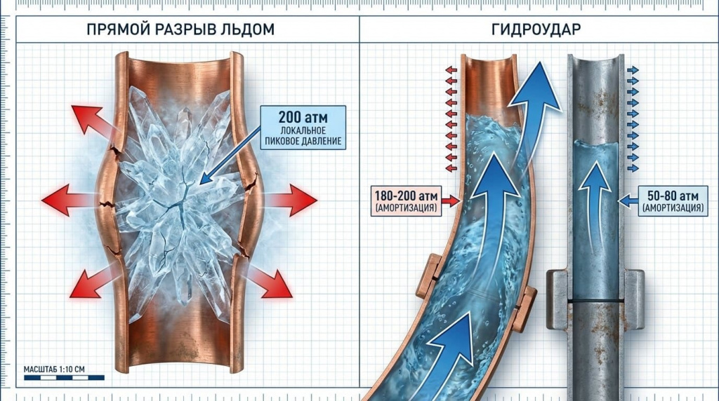 Рис. 1. Два механизма разрушения калорифера: прямой разрыв трубок льдом и гидравлический удар.